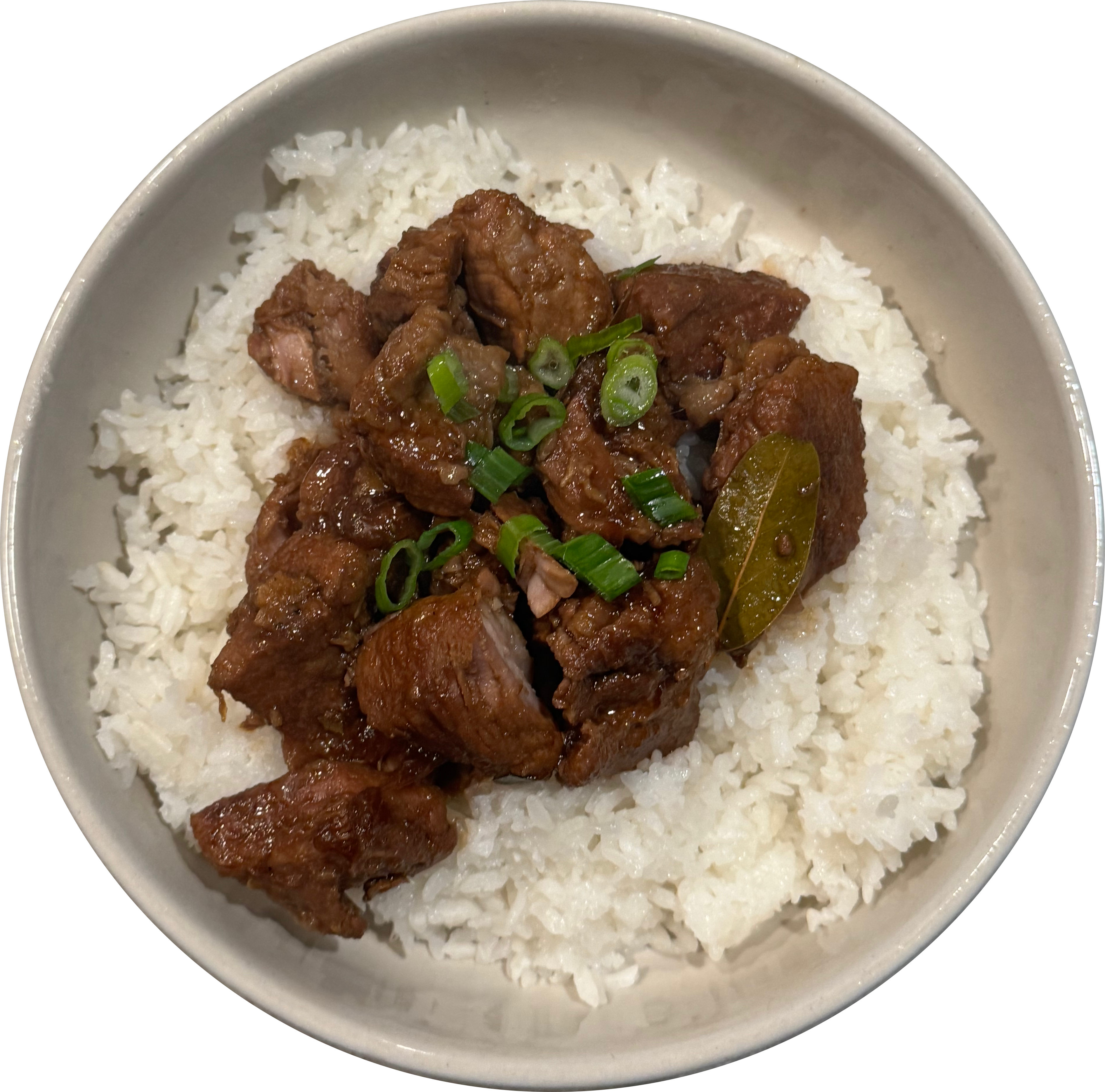 A photo of a bowl of homemade pork adobo over white rice