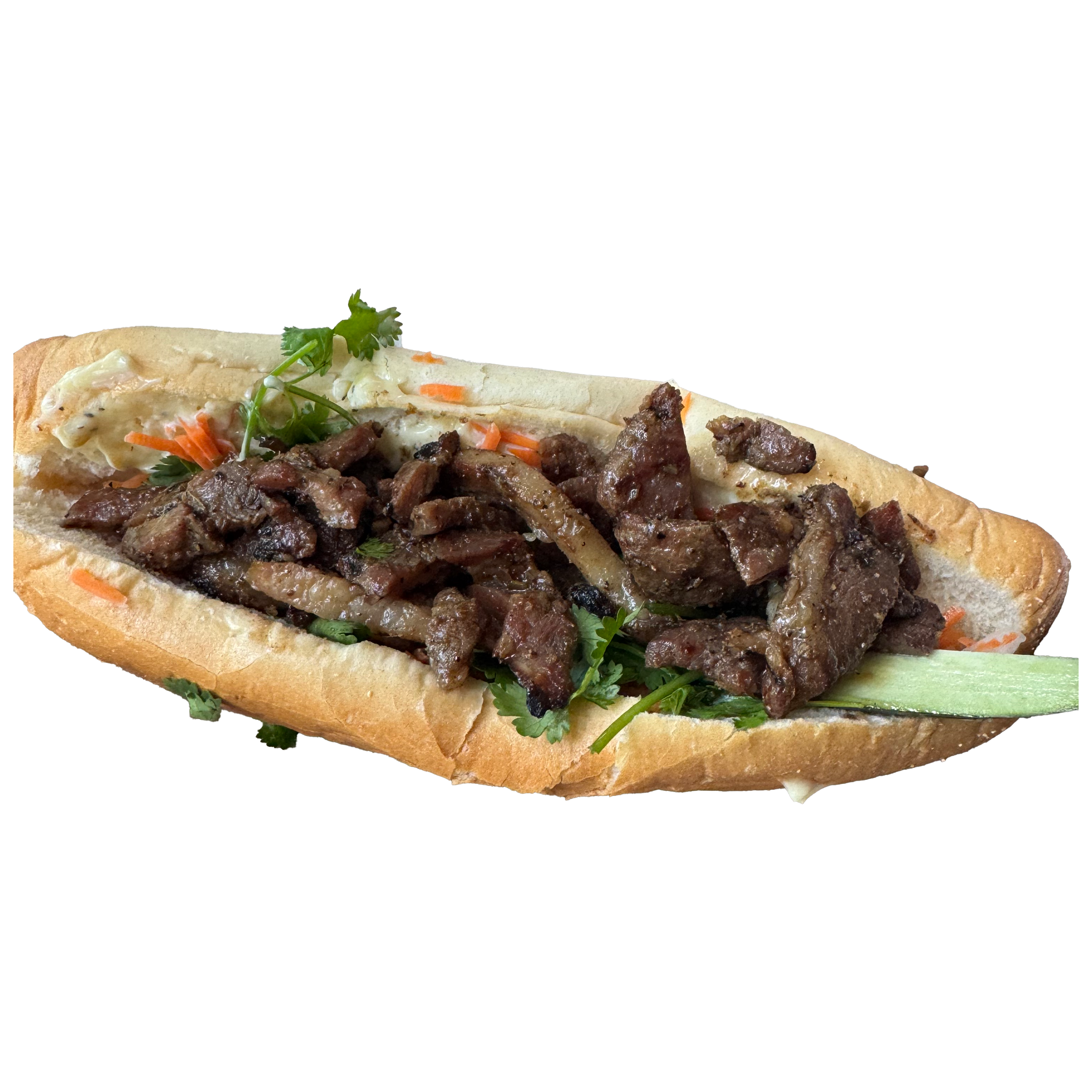 A photo of a banh mi sandwich from Crackle Mi: an open baguette with grilled pork, carrots, cucumber, and cilantro