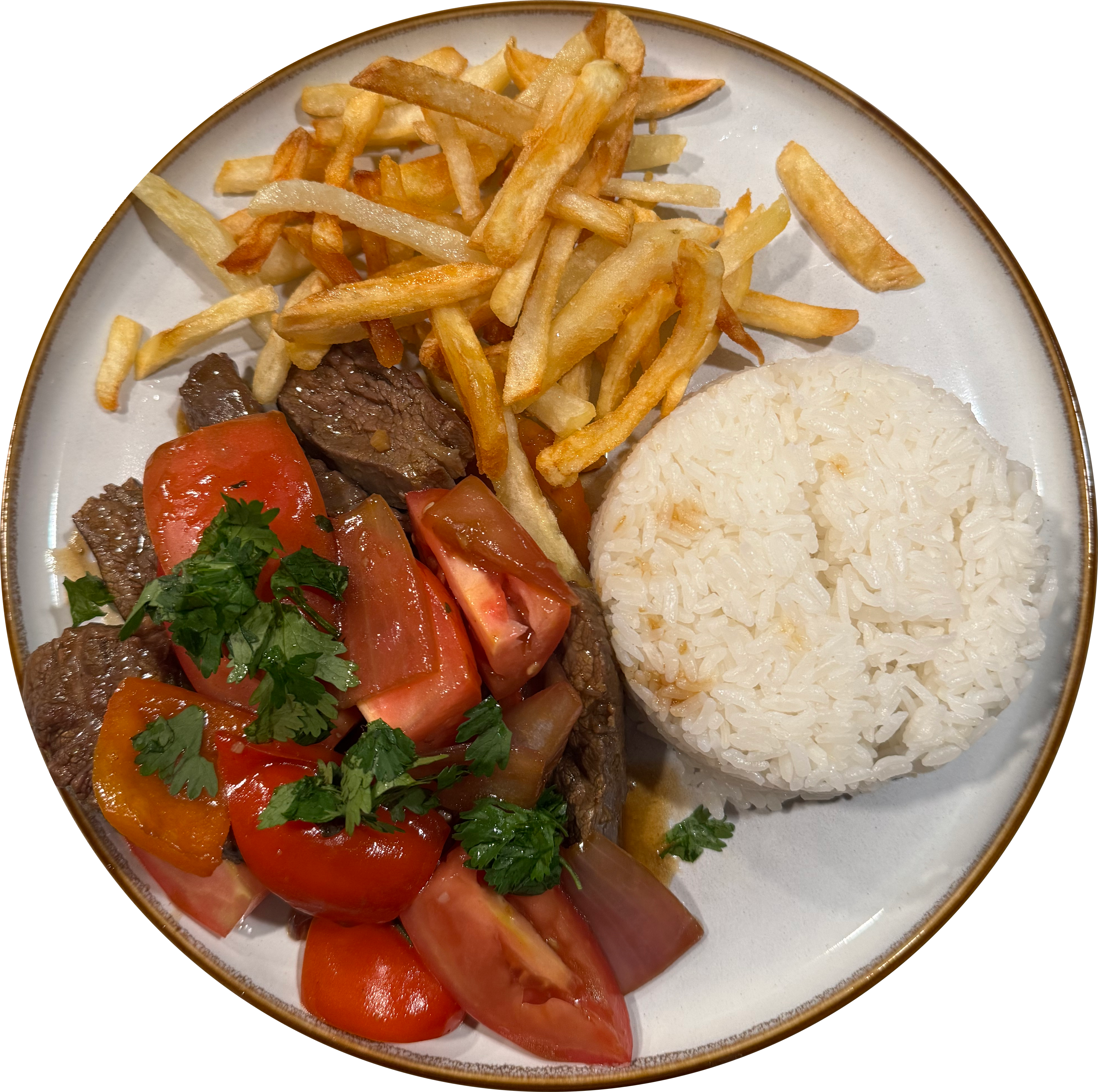 A plate of homemade lomo saltado with french fries and white rice