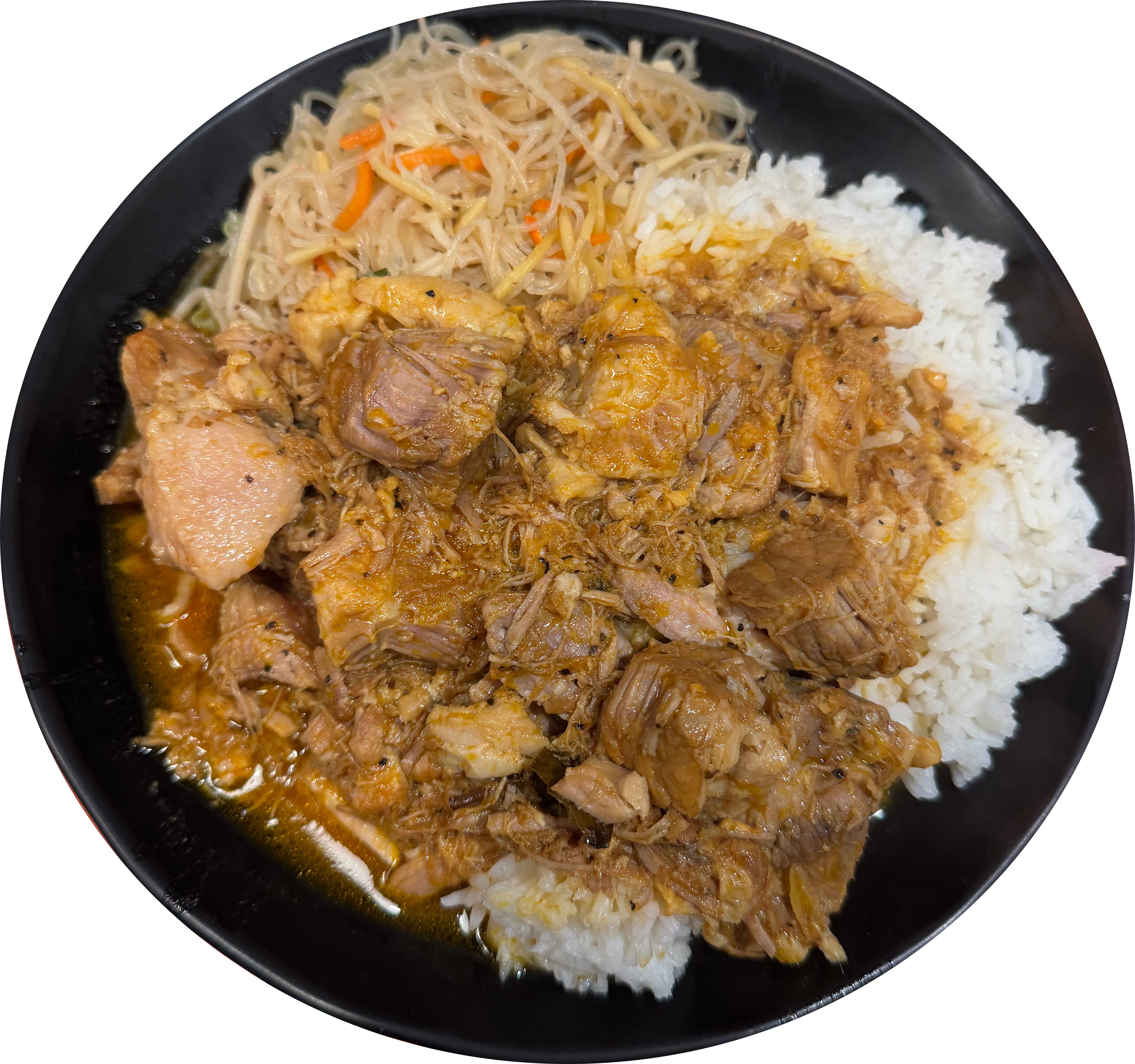 A plate of pork adobo over white rice with Filipino pancit from Oriental Mart