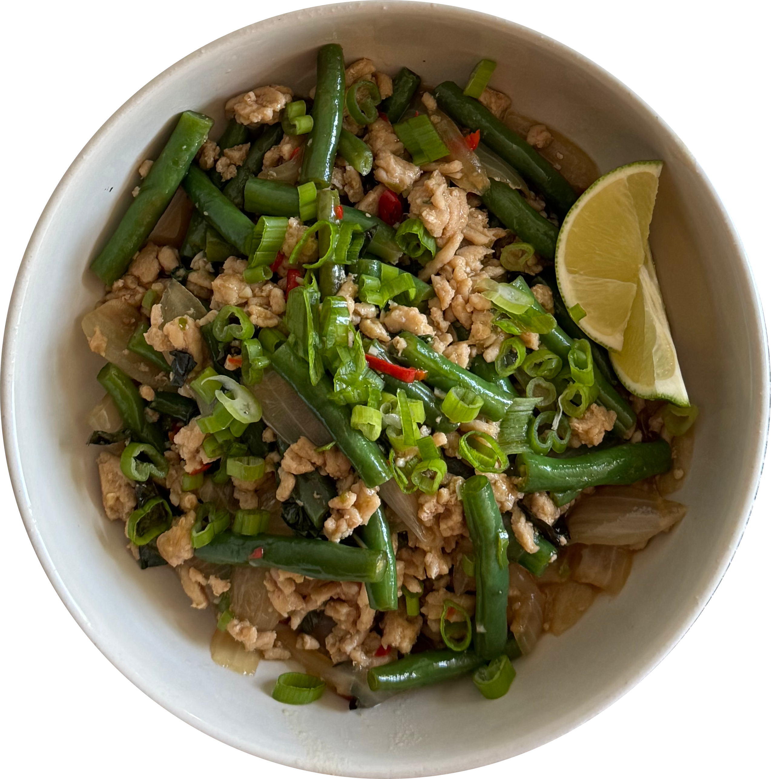 A homemade version of pad kra pao with minced chicken, green beans and Thai chillies.