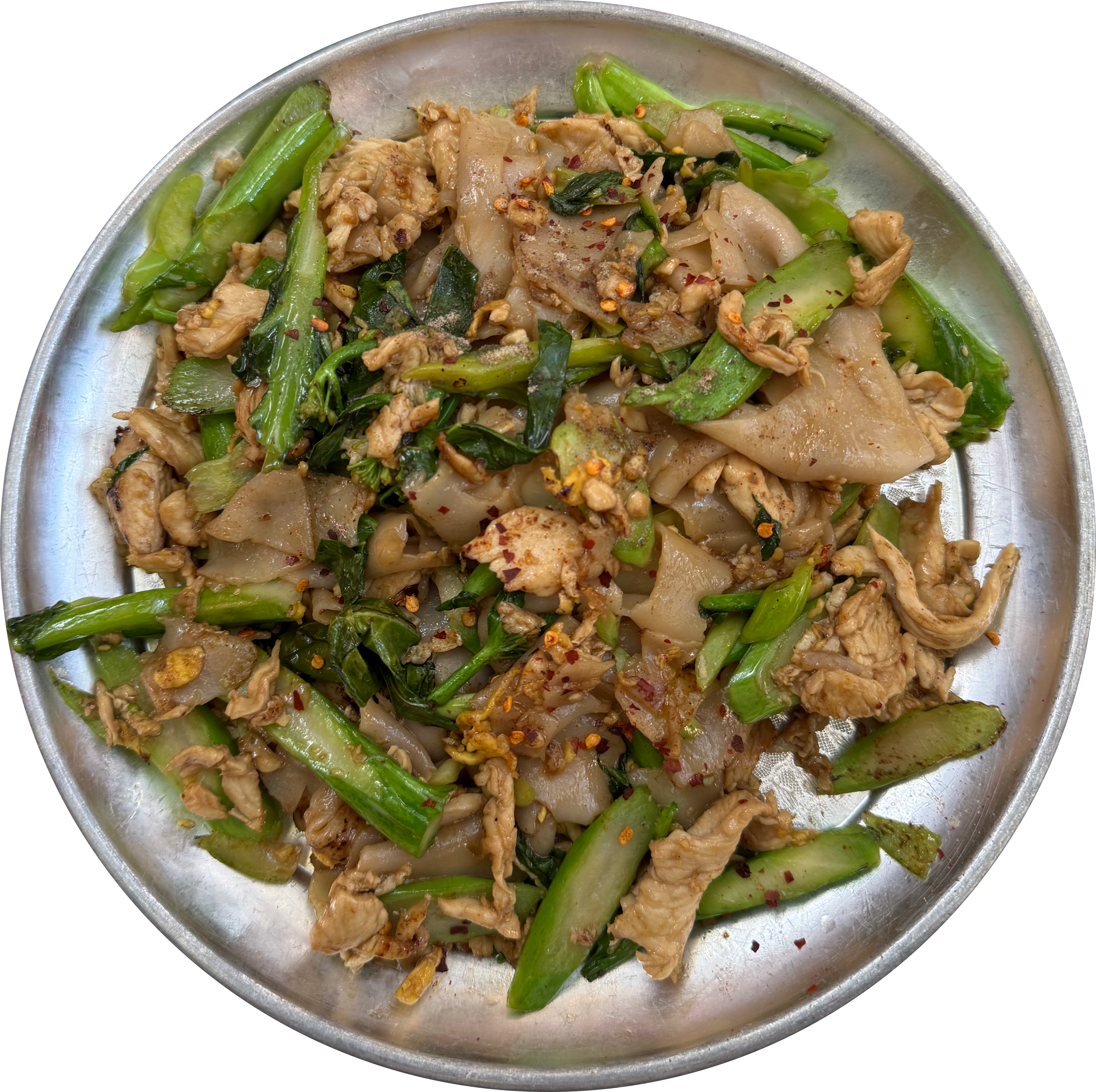 A plate of chicken pad see ew with sliced asparagus.